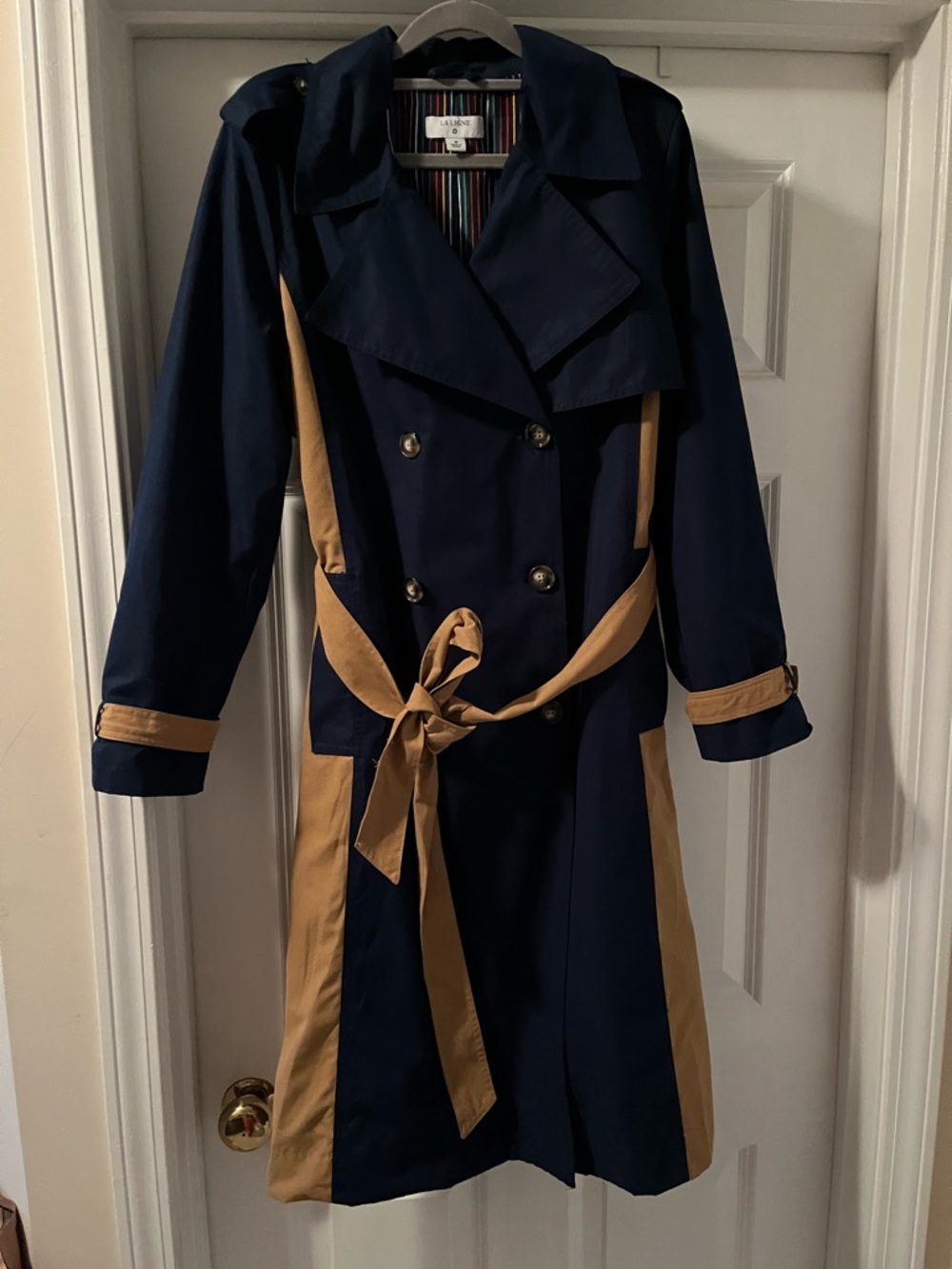 La Ligne Colorblock Trench Coat Navy Tan Belted Sz M